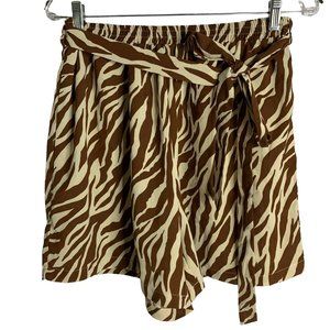 Shein Curve Zebra Print High Rise Shorts XL Brown Tan Tie Belt Elastic Waist